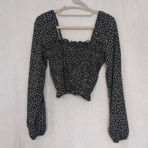 SHEIN Black and White Puff Sleeve Smocked Blouse